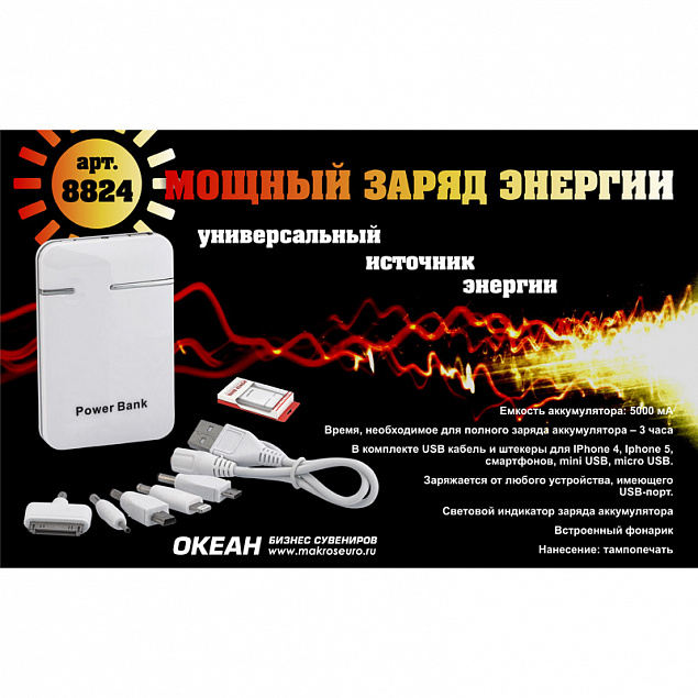 Зарядное устройство "Кругосветка", 5000 mAh, белый с логотипом в Астрахани заказать по выгодной цене в кибермаркете AvroraStore