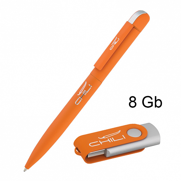 Набор ручка "Jupiter" + флеш-карта "Vostok" 8 Гб в футляре, оранжевый, покрытие soft touch с логотипом в Астрахани заказать по выгодной цене в кибермаркете AvroraStore