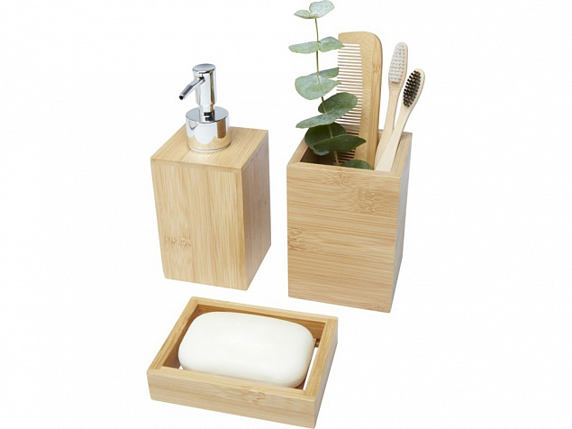 Набор из 3 аксессуаров из бамбука для ванной комнаты Hedon, natural с логотипом в Астрахани заказать по выгодной цене в кибермаркете AvroraStore