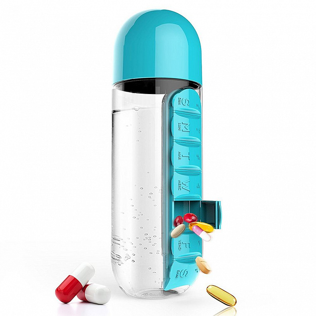 Бутылка с таблетницей In Style, голубая с логотипом в Астрахани заказать по выгодной цене в кибермаркете AvroraStore