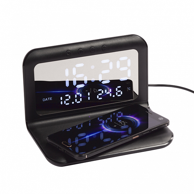 Настольные часы "Smart Time" с беспроводным (15W) зарядным устройством, будильником и термометром, со съёмным дисплеем с логотипом в Астрахани заказать по выгодной цене в кибермаркете AvroraStore