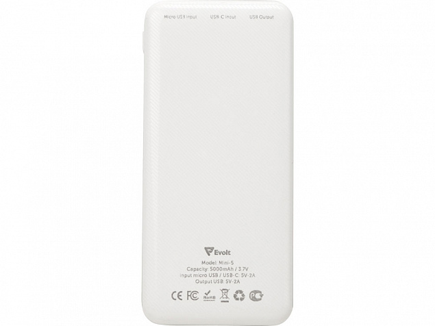 Внешний аккумулятор Evolt Mini-5, 5000 mAh, белый с логотипом в Астрахани заказать по выгодной цене в кибермаркете AvroraStore
