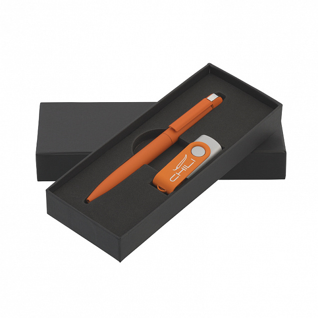 Набор ручка + флеш-карта 16 Гб в футляре, оранжевый, покрытие soft touch с логотипом в Астрахани заказать по выгодной цене в кибермаркете AvroraStore