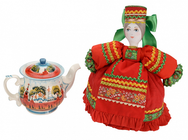 Подарочный набор Кремлевский: кукла на чайник, чайник заварной с росписью с логотипом в Астрахани заказать по выгодной цене в кибермаркете AvroraStore
