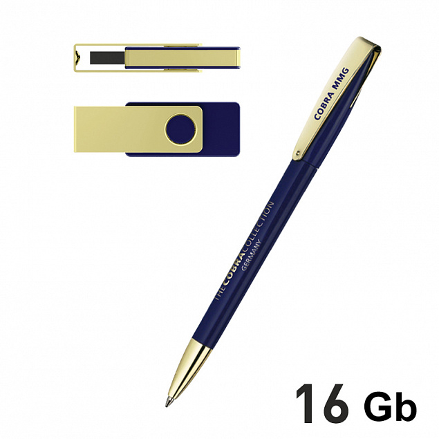 Набор ручка + флеш-карта 16Гб в футляре, темно-синий/золото с логотипом в Астрахани заказать по выгодной цене в кибермаркете AvroraStore