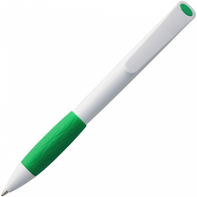 Ручка шариковая Grip, белая с зеленым с логотипом в Астрахани заказать по выгодной цене в кибермаркете AvroraStore