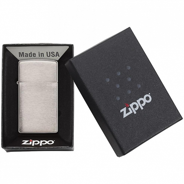 Зажигалка Zippo Slim Brushed, матовая серебристая с логотипом в Астрахани заказать по выгодной цене в кибермаркете AvroraStore