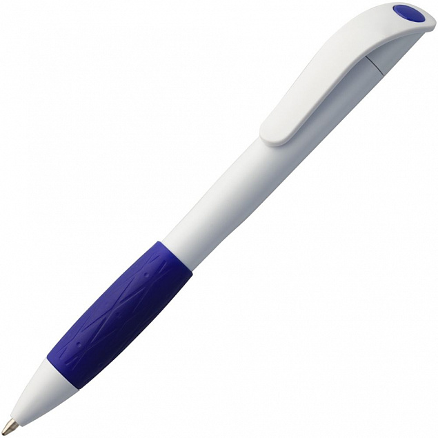 Ручка шариковая Grip, белая с синим с логотипом в Астрахани заказать по выгодной цене в кибермаркете AvroraStore