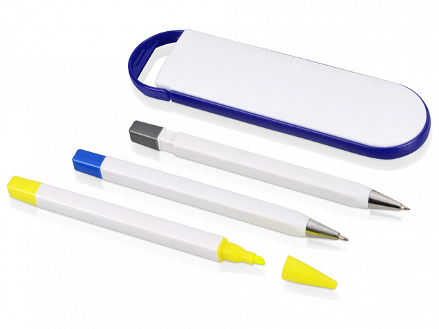 Набор Квартет: ручка шариковая, карандаш и маркер, белый/синий с логотипом в Астрахани заказать по выгодной цене в кибермаркете AvroraStore