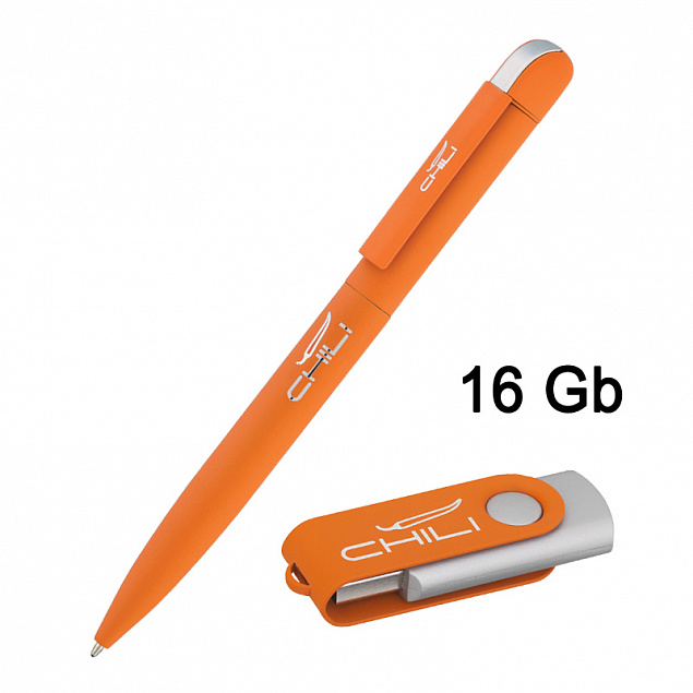 Набор ручка + флеш-карта 16 Гб в футляре, оранжевый, покрытие soft touch с логотипом в Астрахани заказать по выгодной цене в кибермаркете AvroraStore