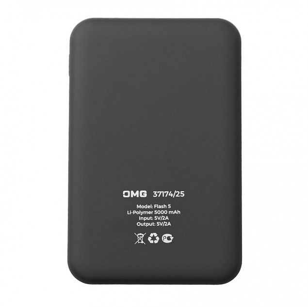 Универсальный аккумулятор OMG Flash 5 (5000 мАч) с подсветкой и soft touch, черный, 9,8х6.3х1,3 см с логотипом в Астрахани заказать по выгодной цене в кибермаркете AvroraStore
