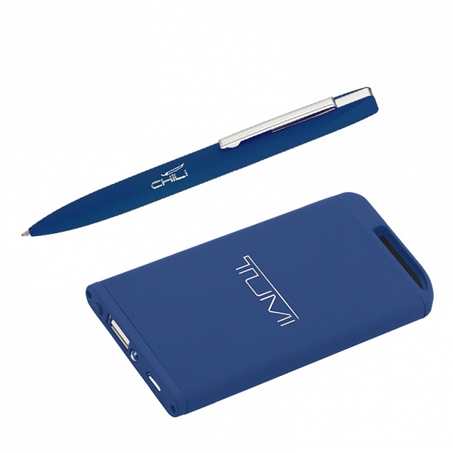 Набор ручка + зарядное устройство 4000 mAh в футляре, темно-синий, покрытие soft touch с логотипом в Астрахани заказать по выгодной цене в кибермаркете AvroraStore