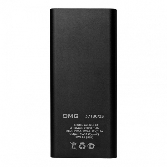 Универсальный аккумулятор OMG Iron line 20 (20000 мАч), металл, черный, 14,7х6.6х2,7 см с логотипом в Астрахани заказать по выгодной цене в кибермаркете AvroraStore