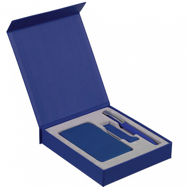 Коробка Latern для аккумулятора 5000 мАч, флешки и ручки, синяя с логотипом в Астрахани заказать по выгодной цене в кибермаркете AvroraStore