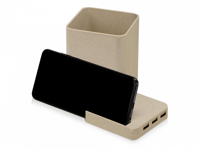 Настольный органайзер Cubic из пшеничного волокна с функцией беспроводной зарядки и выходами USB с логотипом в Астрахани заказать по выгодной цене в кибермаркете AvroraStore