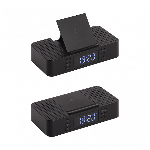 Настольные часы "Smart Box" с bluetooth колонкой (2х3Вт), беспроводным (15W) зарядным устройством и складной подставкой под смартфон с логотипом в Астрахани заказать по выгодной цене в кибермаркете AvroraStore