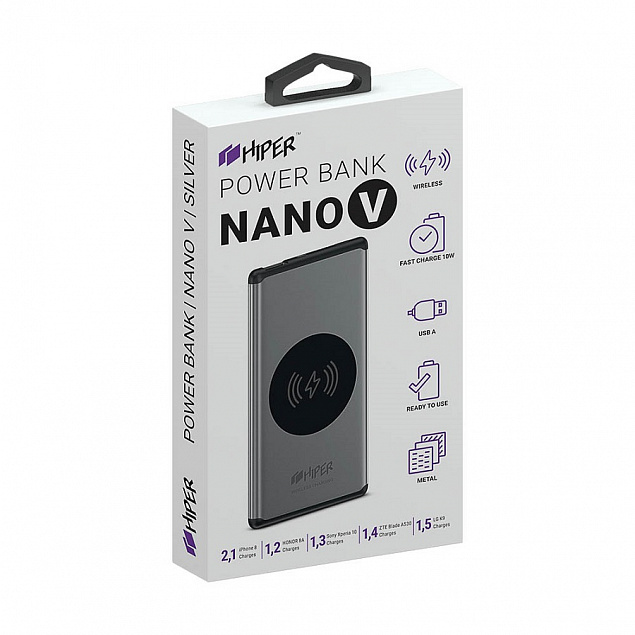 Универсальный аккумулятор NANO V Silver 5000 мАч, с беспроводной зарядкой в алюминиевом корпусе с логотипом в Астрахани заказать по выгодной цене в кибермаркете AvroraStore